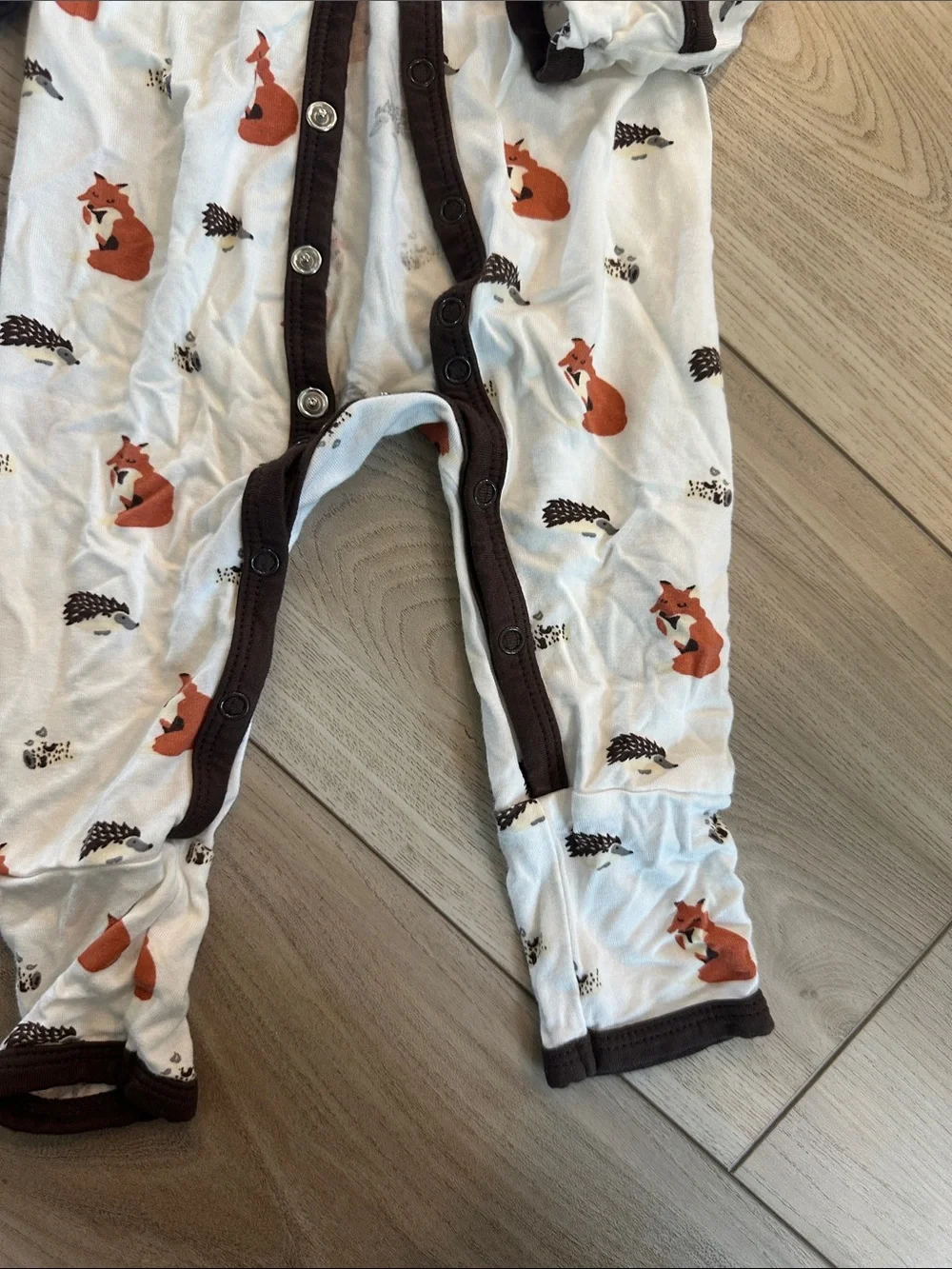 Kyte BABY White Footed One-Piece with Orange Fox Print and Brown Trim